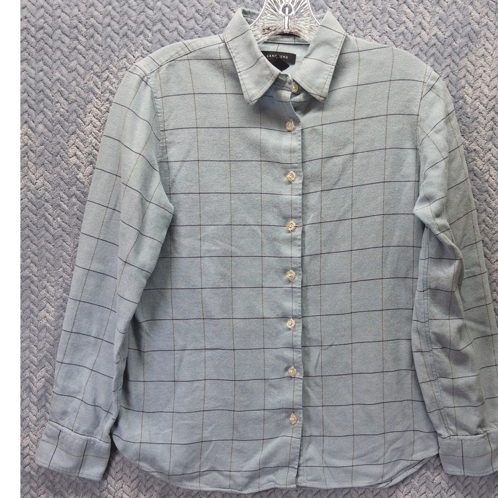 Lands End Womens Portuguese Flannel Blue Windowpane Plaid Button Down Shirt M 10
